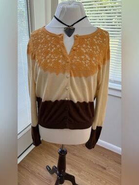 Moda International Ombre Lace Yoke Cardigan in Orange, Cream & Brown